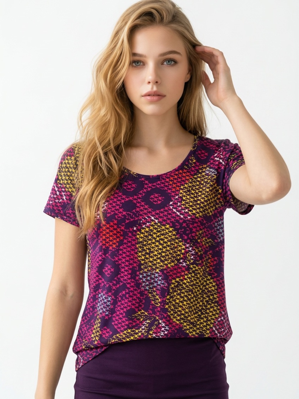 LuLaRoe Women's Purple Patterned Short-Sleeve Top Classic-T size Medium
